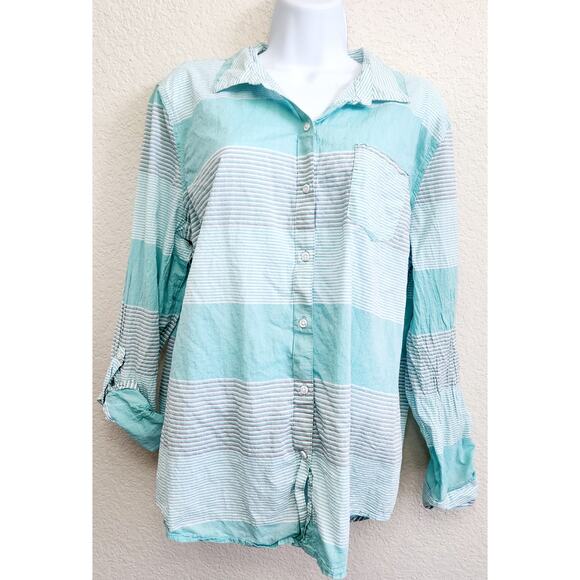 Cato Teal Gray Striped Button Up Top XL Collard Lightweight Long Sleeves - Picture 1 of 5